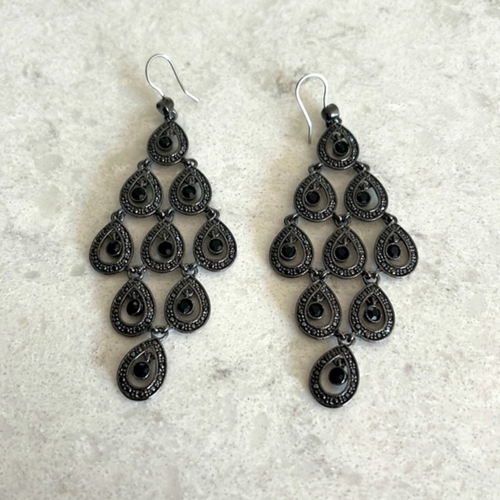 Silver and black rhinestone chandelier earrings